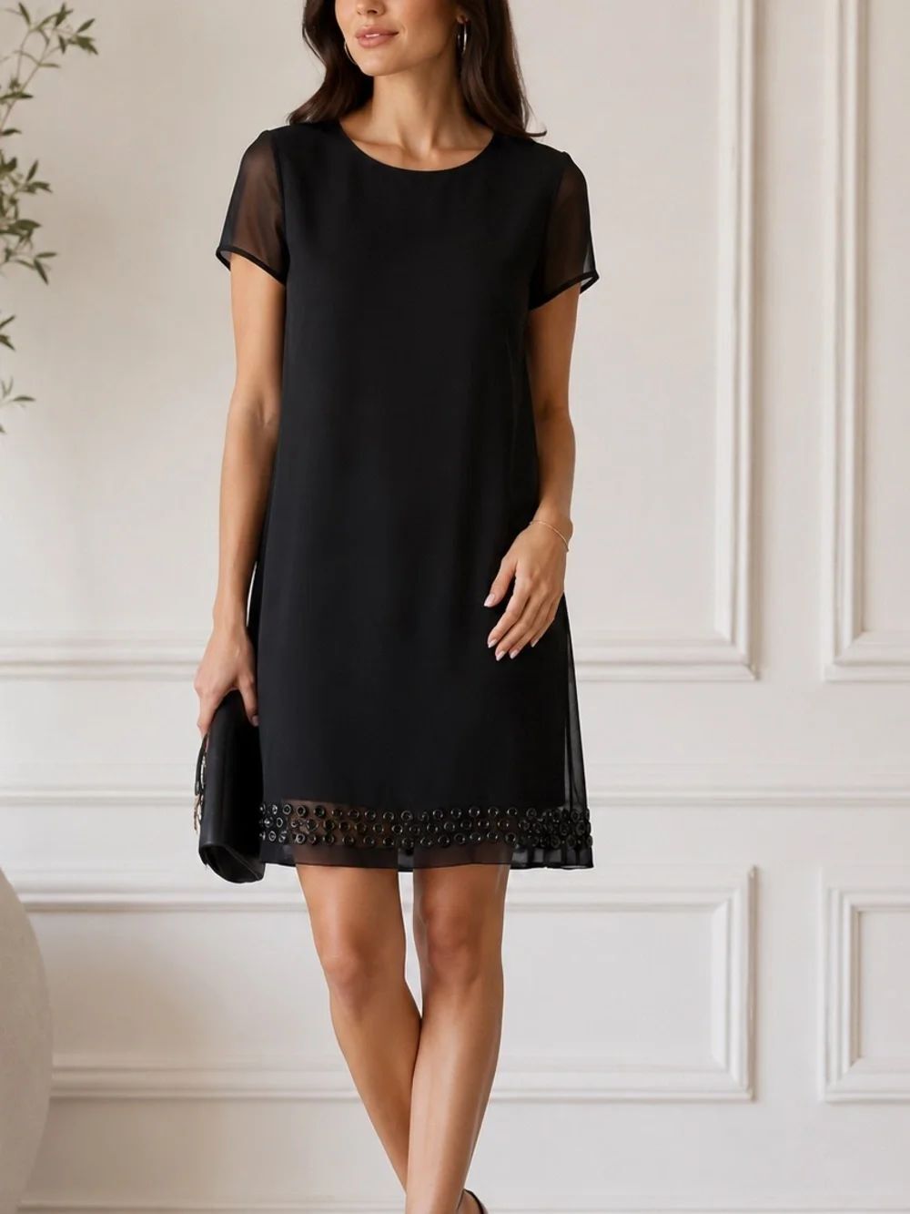 Benetton Black Sheer Overlay Shift Dress Beaded Hem Short Sleeve Size L